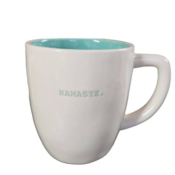 Rae Dunn Teal White Namaste Coffee Mug - Picture 1 of 3